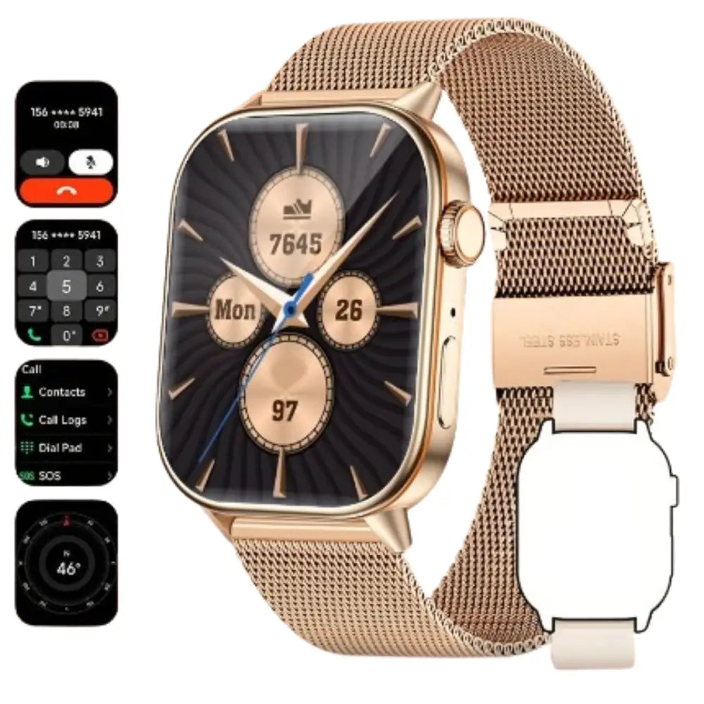 LIGE Outdoor Smartwatch – Large Screen with Compass & Music (10 different styles available) - Rose Golden Mesh Belt