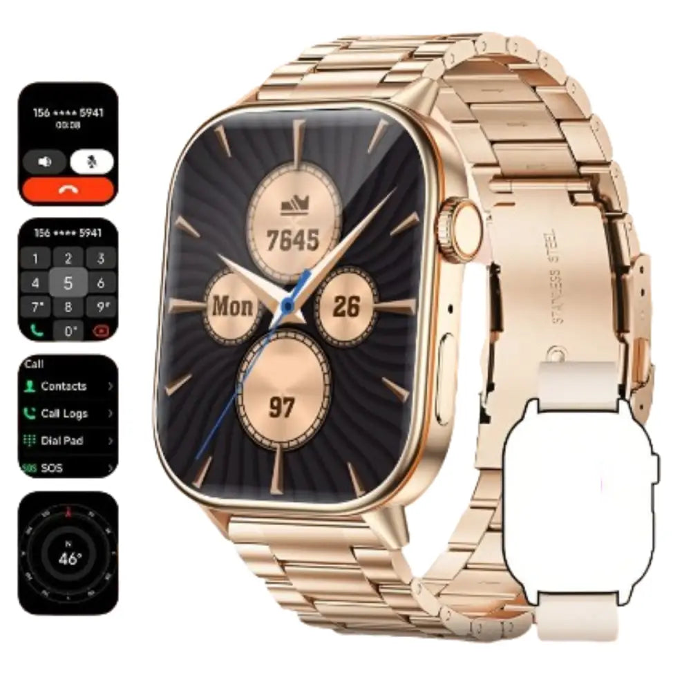 LIGE Outdoor Smartwatch – Large Screen with Compass & Music (10 different styles available) - Rose Golden Steel Strip
