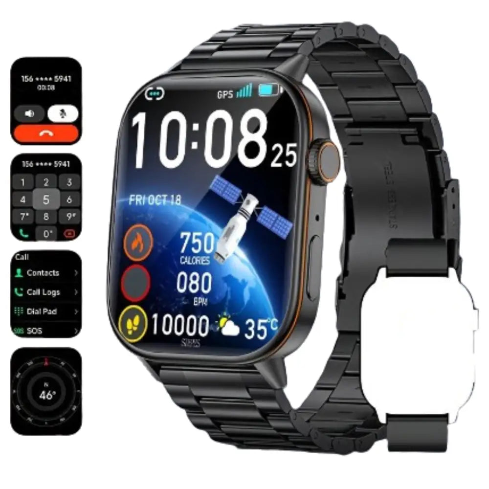 LIGE Outdoor Smartwatch – Large Screen with Compass & Music (10 different styles available) - Black Steel Strip - TWS