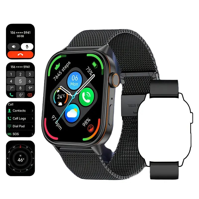 LIGE Outdoor Smartwatch – Large Screen with Compass & Music (10 different styles available) - Black Mesh Belt - TWS