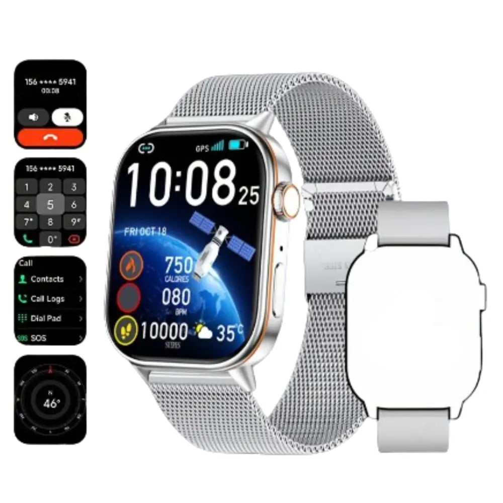 LIGE Outdoor Smartwatch – Large Screen with Compass & Music (10 different styles available) - Silvery Mesh Belt - TWS