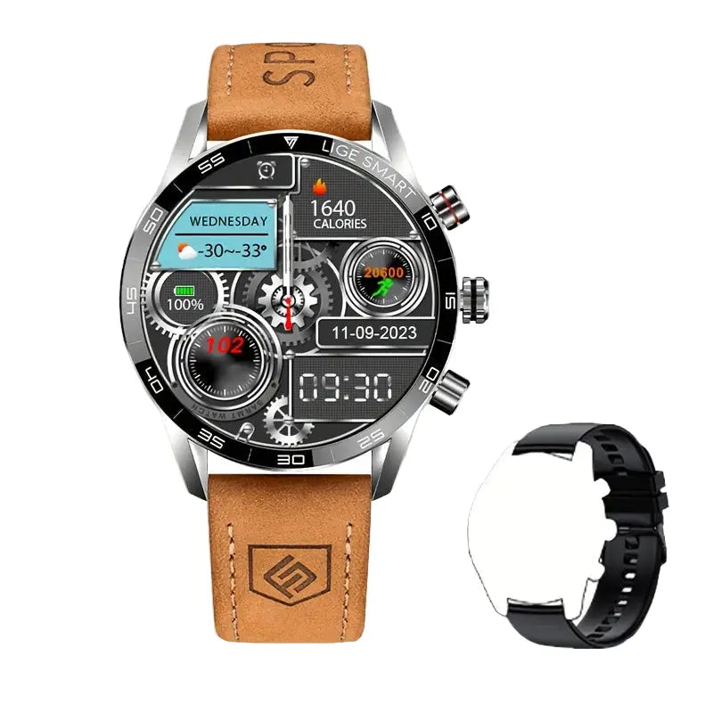 LIGE Smart Watch – Full Touch Screen with Wireless Calls (4 different types available) - Brown Leather Belt Silvery