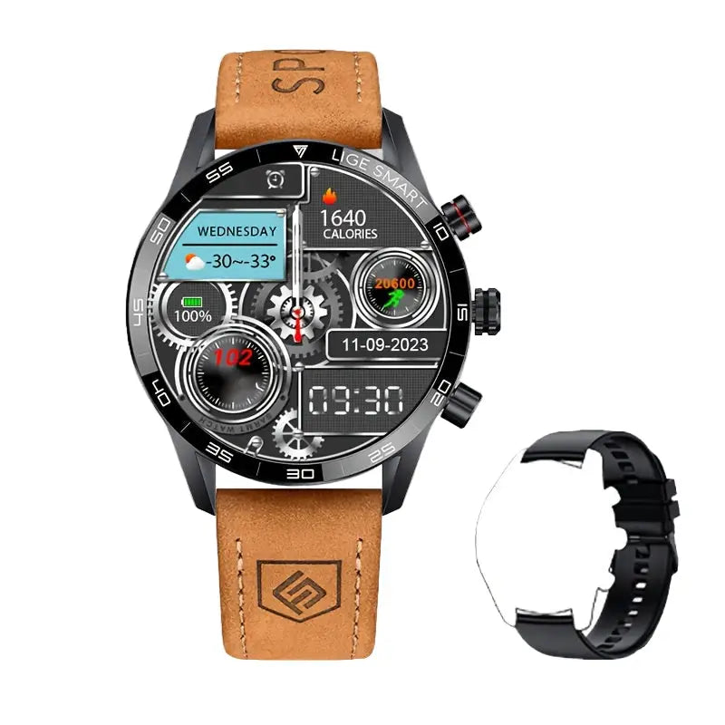 LIGE Smart Watch – Full Touch Screen with Wireless Calls (4 different types available) - Brown Belt Black - TWS