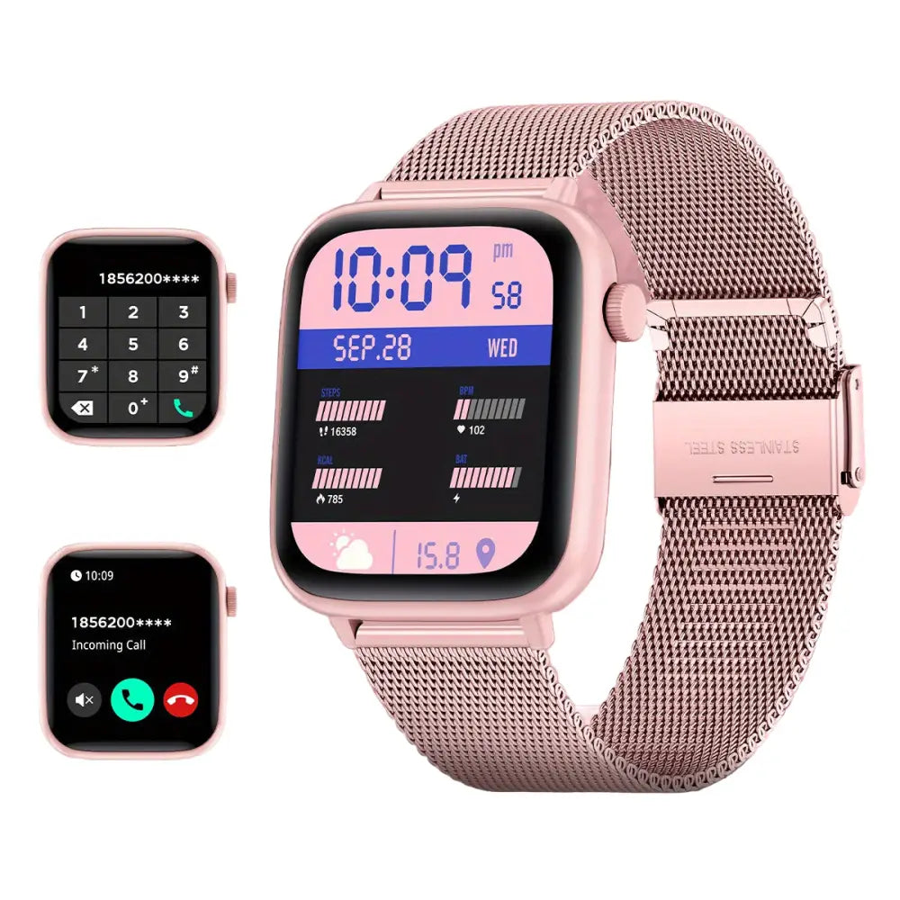 LIGE Smart Watch – HD TFT Screen Wireless Calls 128+ Sports Modes - Rose Pink-Mesh Belt - TWS