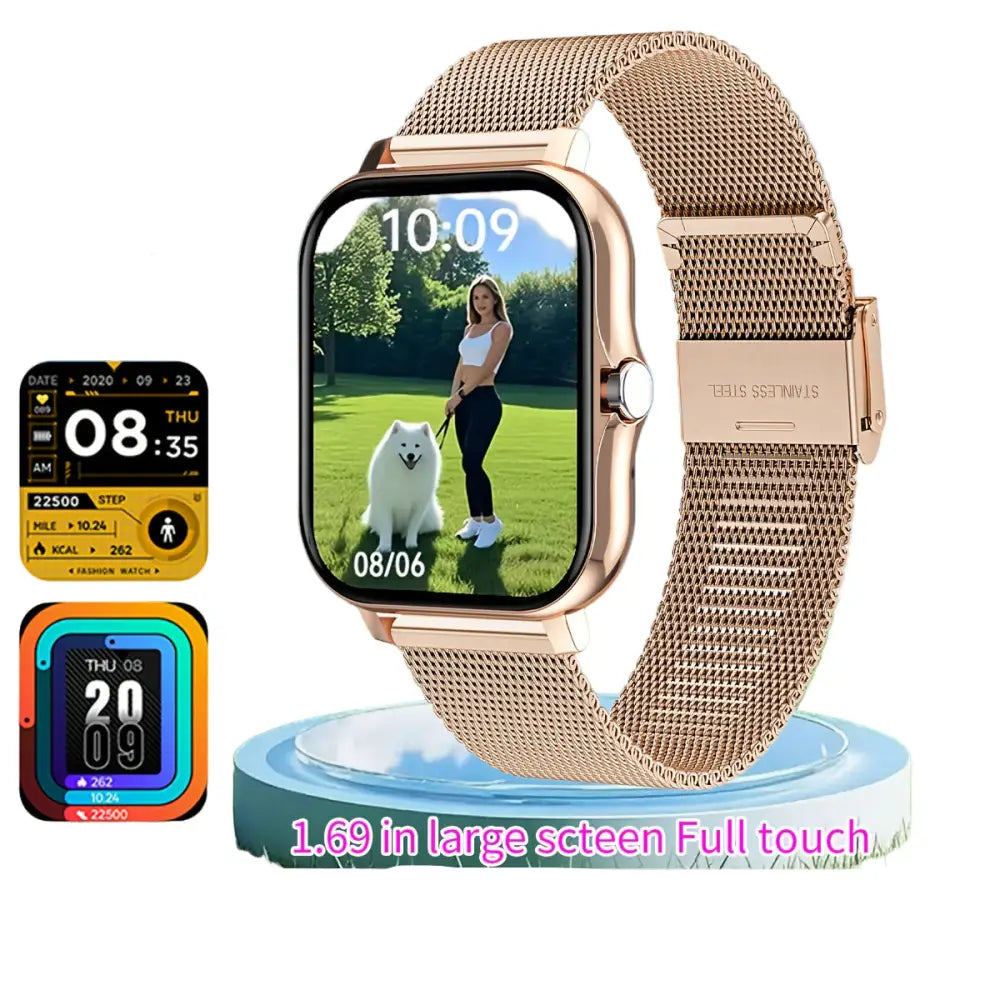 LIGE Smart Watch – Ultra-Thin Design with Wireless Calls (8 colours available) - Golden Mesh Belt - TWS