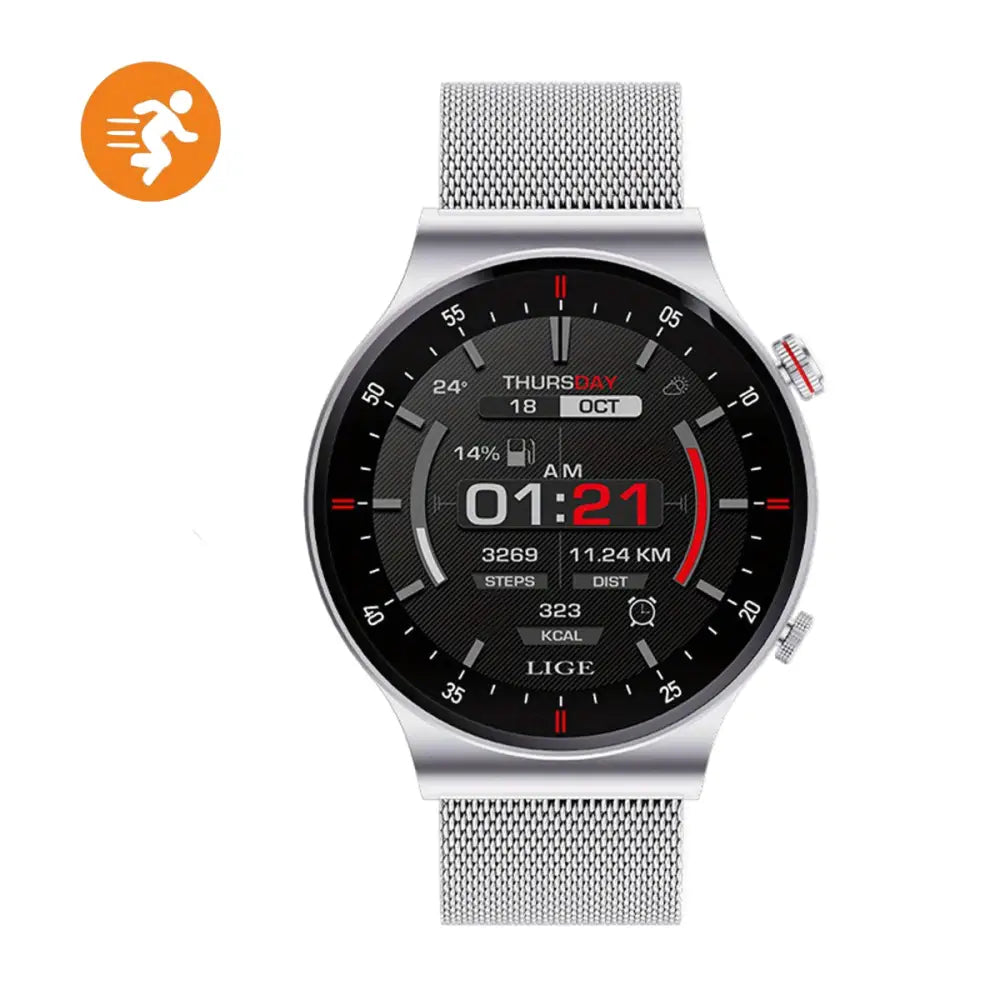 LIGE Sports Watch with Step Counter Alarm Wireless Calls Weather Forecast (8 types available) - Mesh Belt Silvery Shell