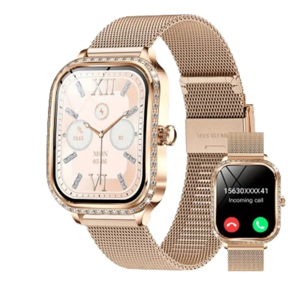 LIGE Women’s Smartwatch – TFT HD Curved Screen Wireless Calls Voice Assistant (6 types available) - Golden-Mesh Belt