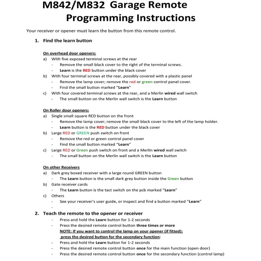 Merlin M832 M842 M844 230t 430r Compatible Garage Door Remote Control Replacement Rolling Code 433.92MHz for Gate