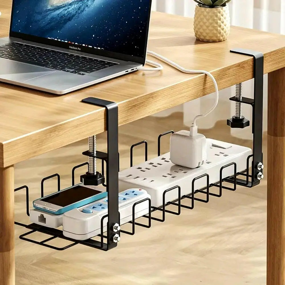 Metal Cable Management Tray for Under Desk Storage - Wire Organizer for Home Office and Kitchen Accessories - Black