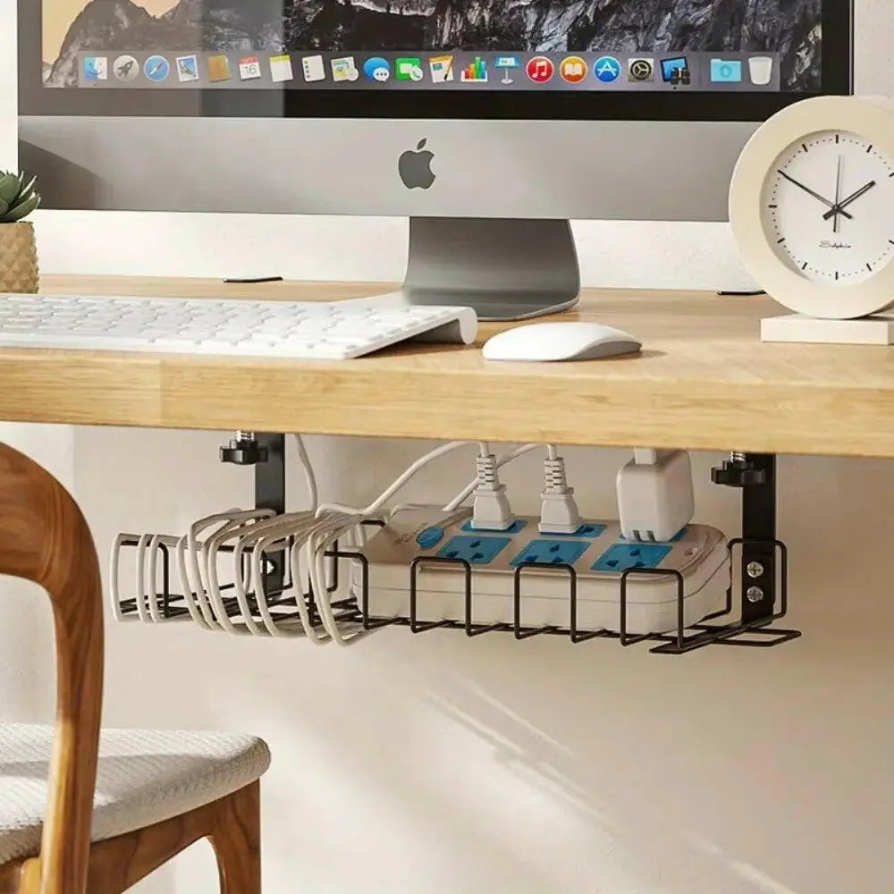Metal Cable Management Tray for Under Desk Storage - Wire Organizer for Home Office and Kitchen Accessories - Black
