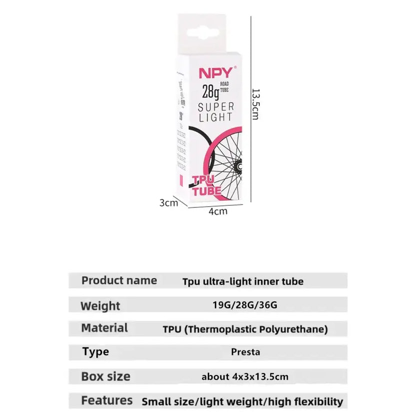 NPY 1Pcs Ultralight 28g Bike TPU Inner Tube 700X18 25 28 32 Road Bicycle TPU Material Tire 45mm/65mm/85mm Length French