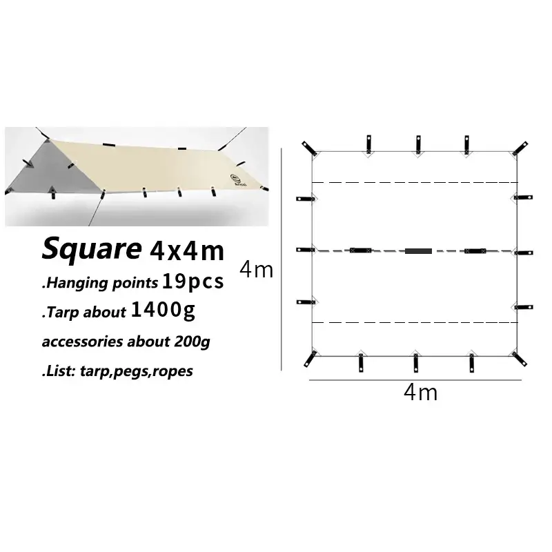 Outdoor UV resistant Tarp - square 4x4m khaki
