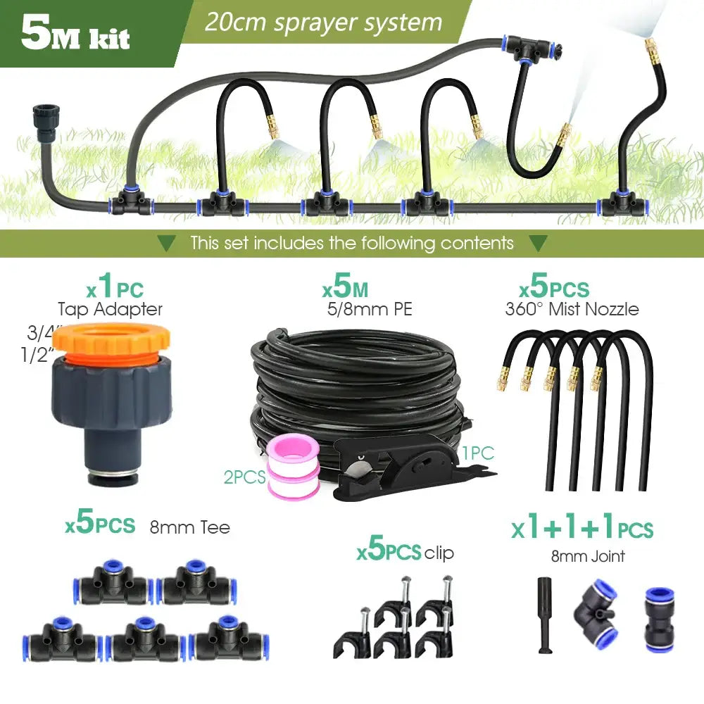 PE Hose with Adjustable Misting Sprayer & Pump Kit for Garden (different sizes available) - 5M kit - SS