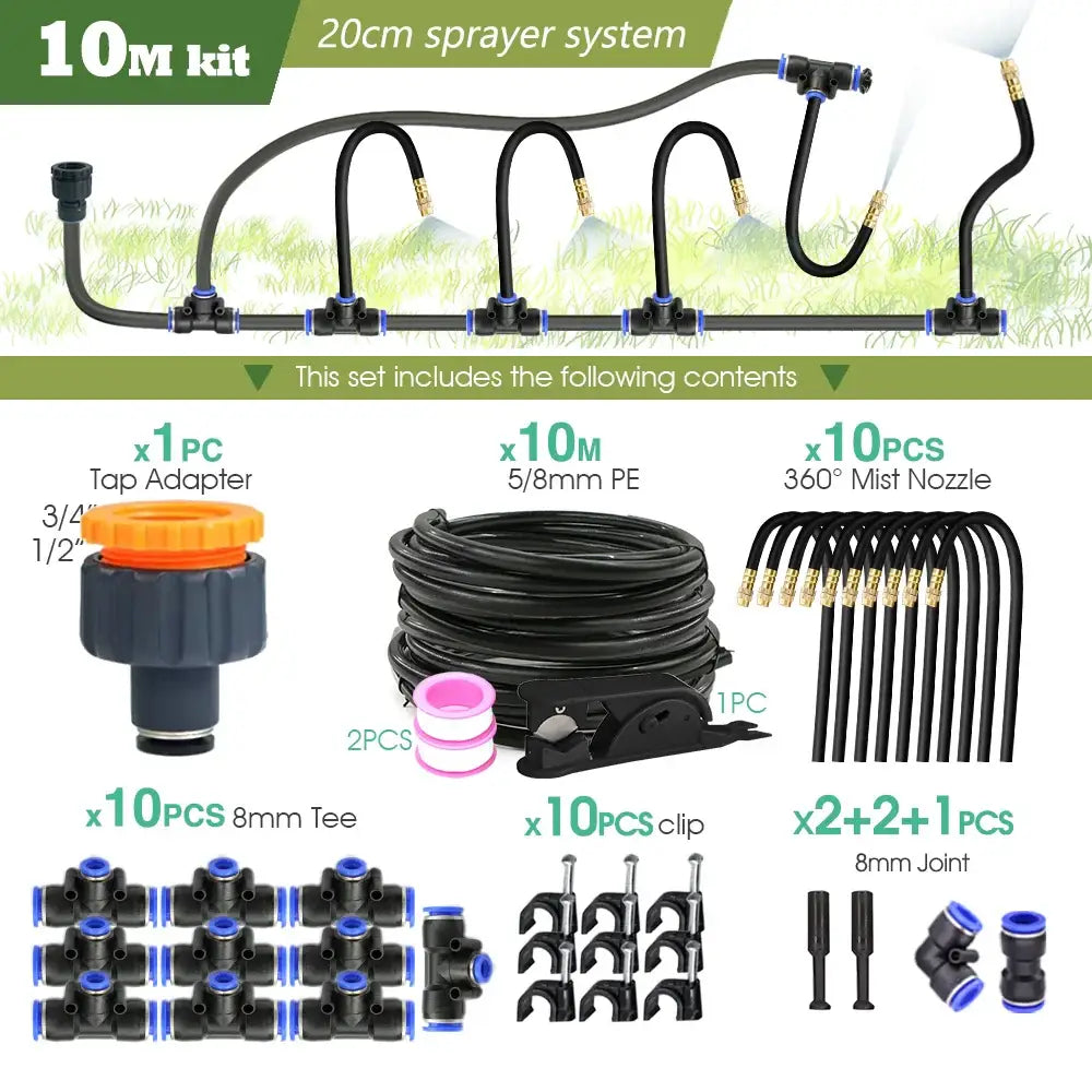 PE Hose with Adjustable Misting Sprayer & Pump Kit for Garden (different sizes available) - 10M kit - SS