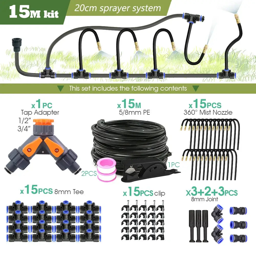 PE Hose with Adjustable Misting Sprayer & Pump Kit for Garden (different sizes available) - 15M kit - SS