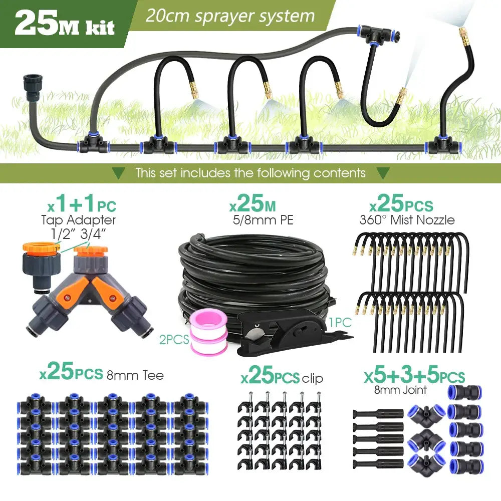 PE Hose with Adjustable Misting Sprayer & Pump Kit for Garden (different sizes available) - 25M kit - SS