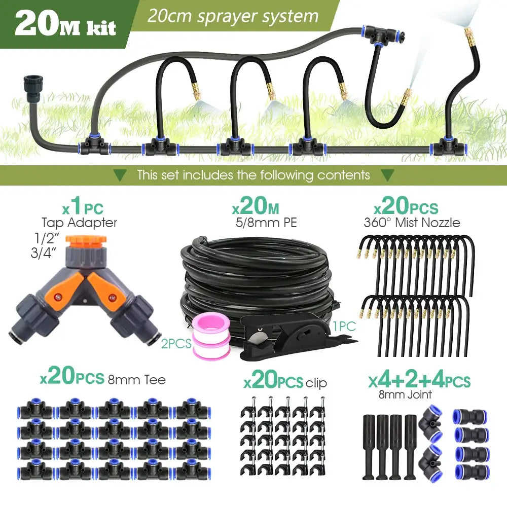 PE Hose with Adjustable Misting Sprayer & Pump Kit for Garden (different sizes available) - 20M kit - SS