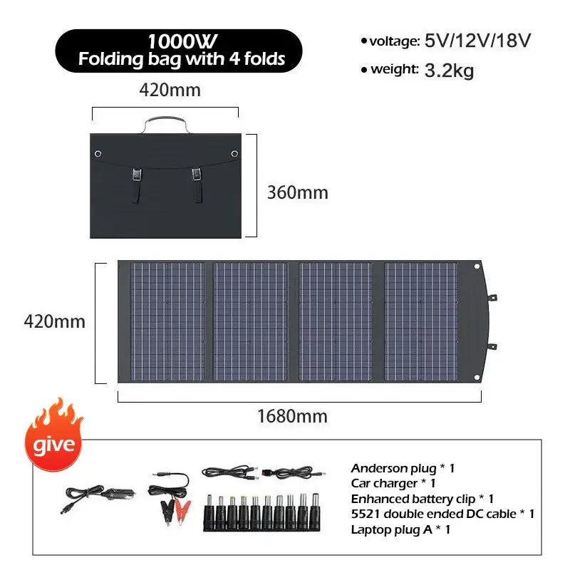 Portable 2000W Solar Charger with Bag - 1000W / Solar Panel - SS