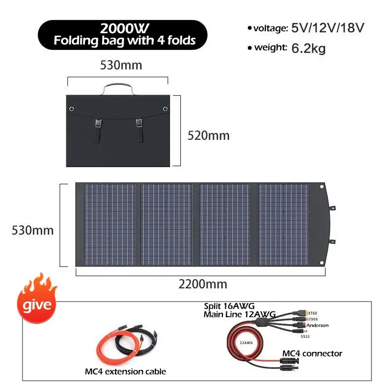 Portable 2000W Solar Charger with Bag - 2000W / Solar Panel - SS