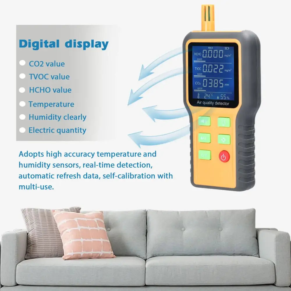 Portable Air Quality Monitor – CO2 TVOC HCHO Temperature & Humidity Detector (5-in-1) - Yellow / Air Quality Monitor