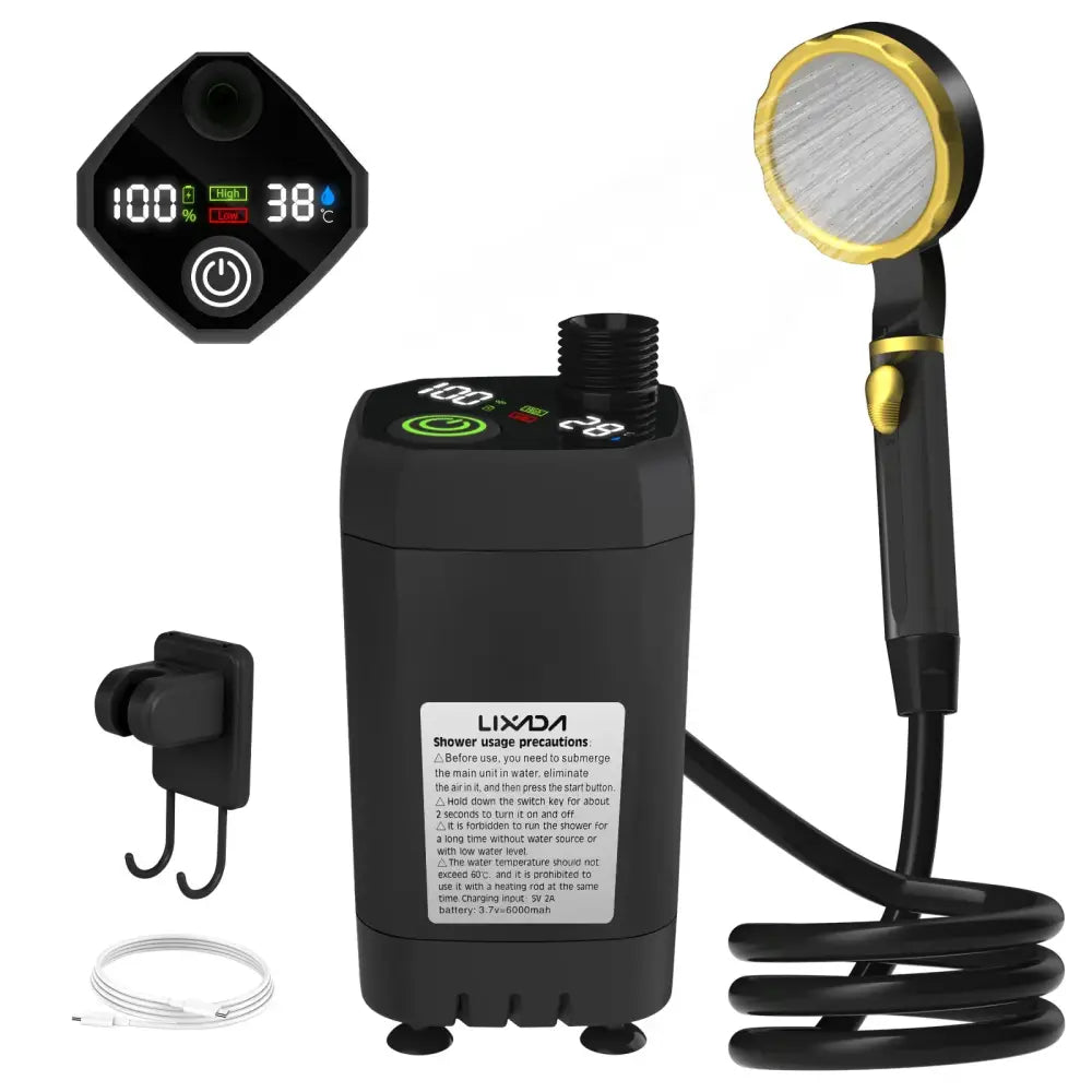 Portable Camping Shower Pump with Digital Display – 6000mAh (5 colours) - Black - SS