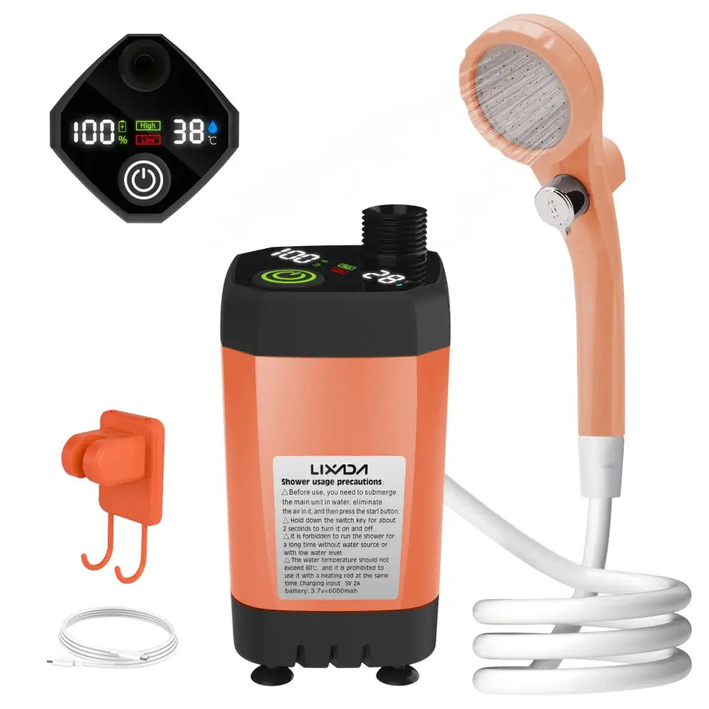 Portable Camping Shower Pump with Digital Display – 6000mAh (5 colours) - Orange - SS