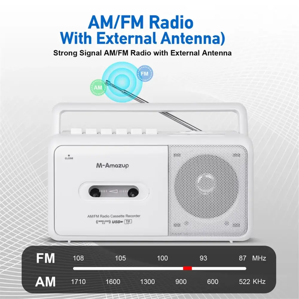 Portable Cassette Boombox with AM/FM Radio - White / Cassette Recorder Player - SS