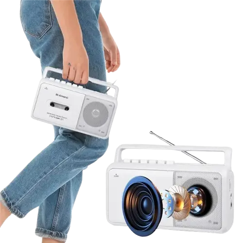 Portable Cassette Boombox with AM/FM Radio - White / Cassette Recorder Player - SS