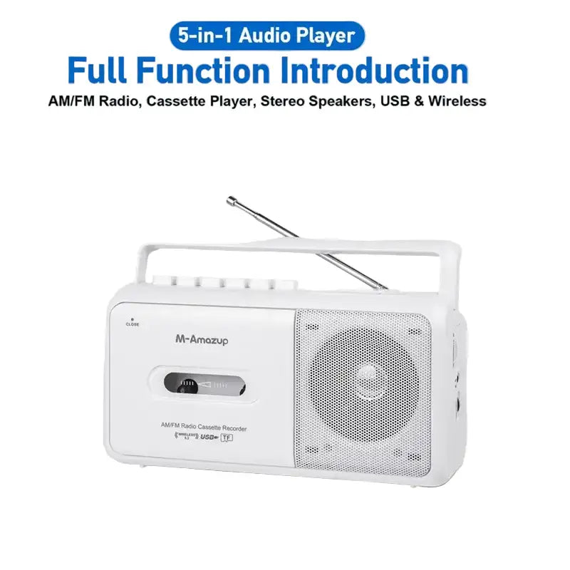 Portable Cassette Boombox with AM/FM Radio - White / Cassette Recorder Player - SS