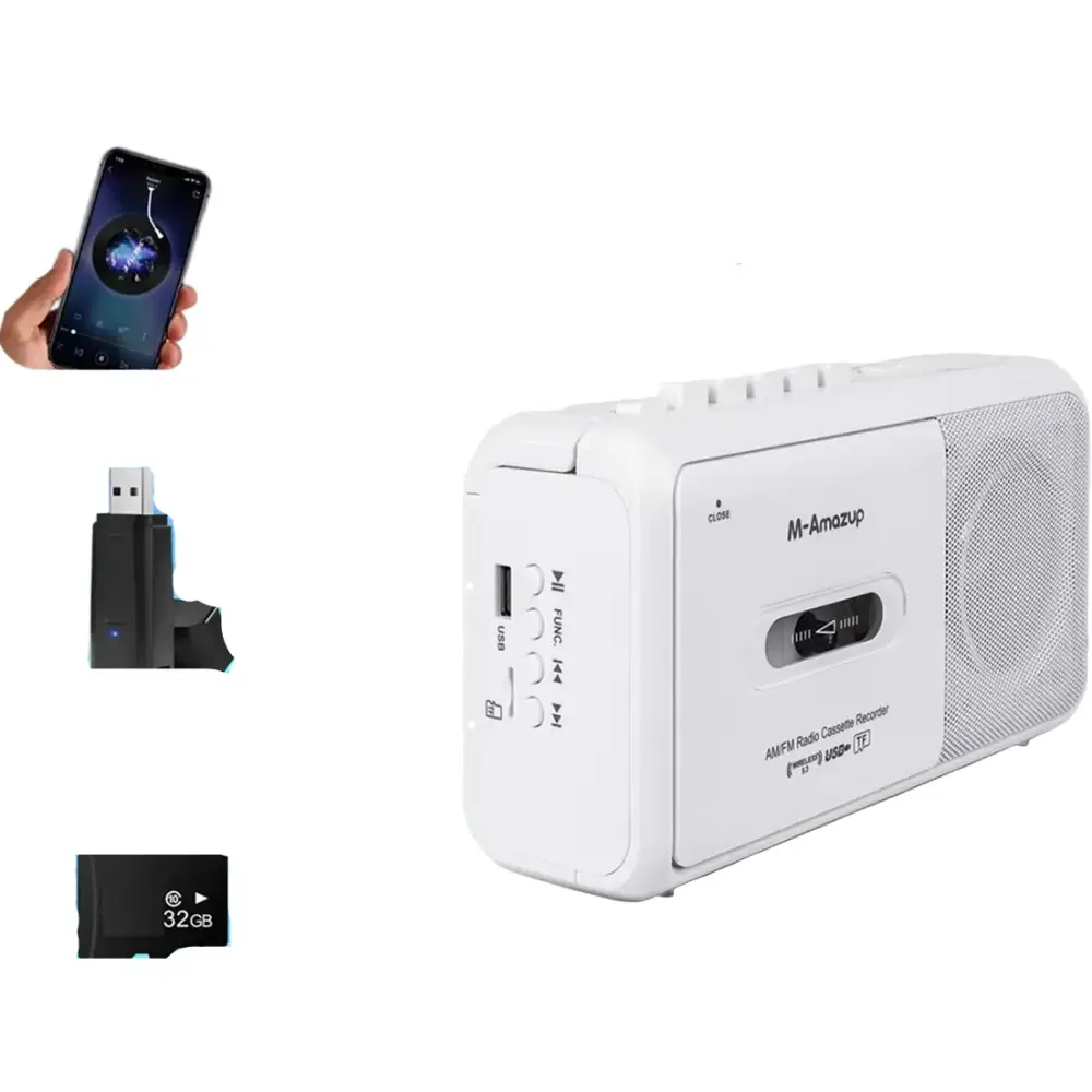 Portable Cassette Boombox with AM/FM Radio - White / Cassette Recorder Player - SS