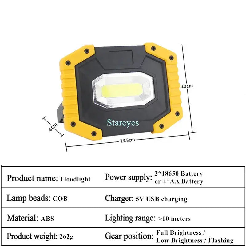 Portable COB LED Floodlight 20W Rechargeable Flood light Outdoor lamp lighting flashlight torch optional purchase 18650