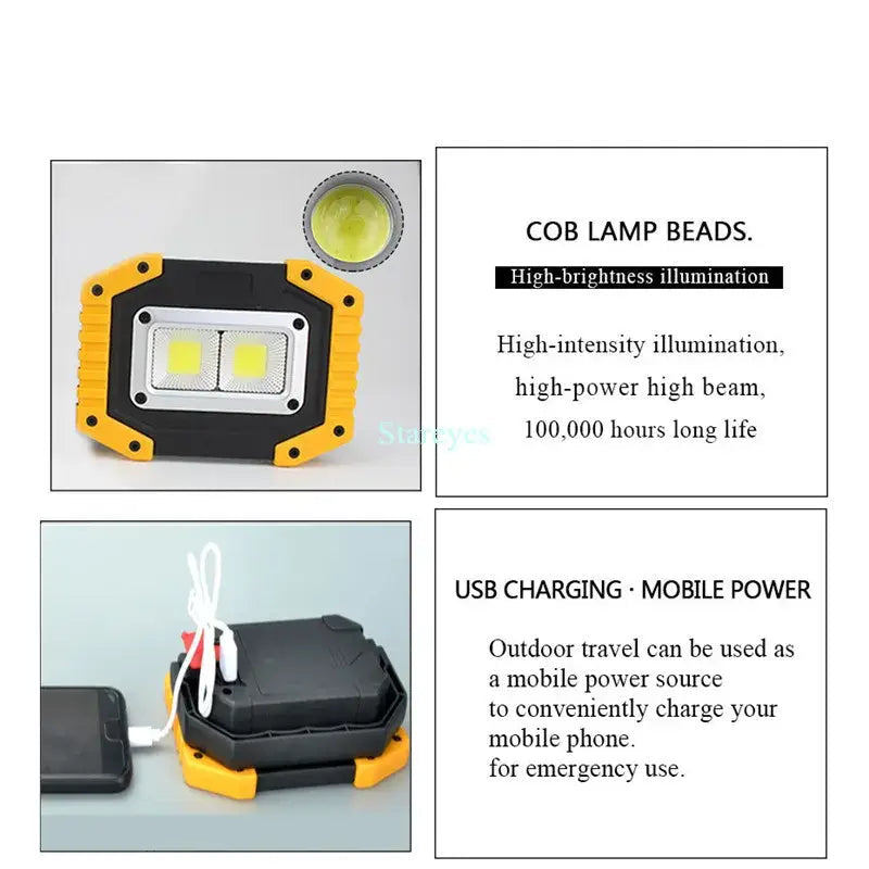 Portable COB LED Floodlight 20W Rechargeable Flood light Outdoor lamp lighting flashlight torch optional purchase 18650
