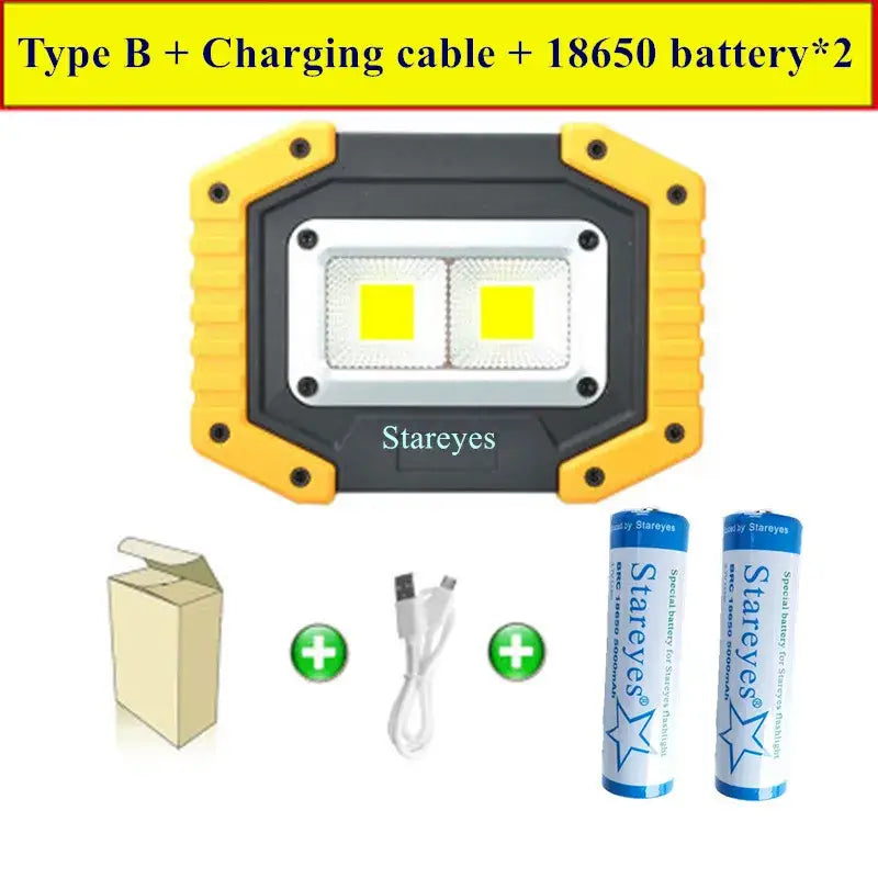 Portable COB LED Floodlight 20W Rechargeable Flood light Outdoor lamp lighting flashlight torch optional purchase 18650