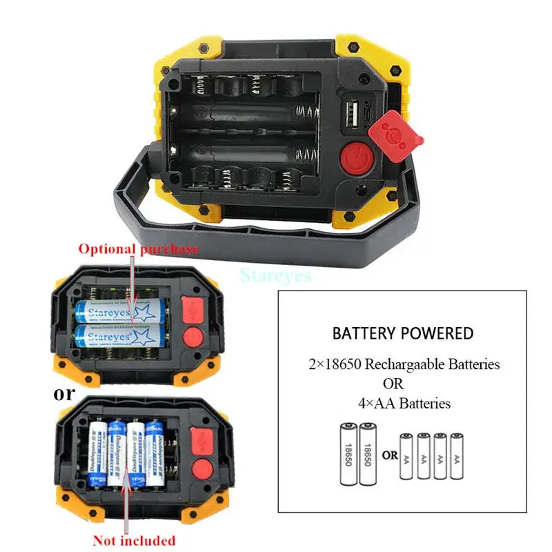 Portable COB LED Floodlight 20W Rechargeable Flood light Outdoor lamp lighting flashlight torch optional purchase 18650
