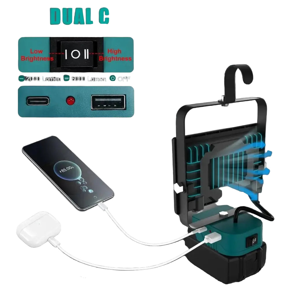 Portable LED Work Light Cordless Emergency Camping Job Site Spotlight 6000K Rechargeable Floodlight Compatible