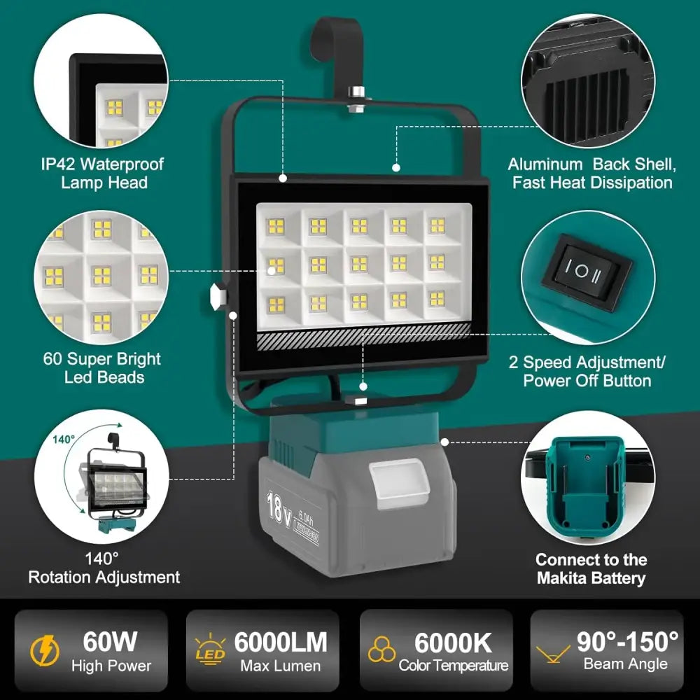 Portable LED Work Light Cordless Emergency Camping Job Site Spotlight 6000K Rechargeable Floodlight Compatible