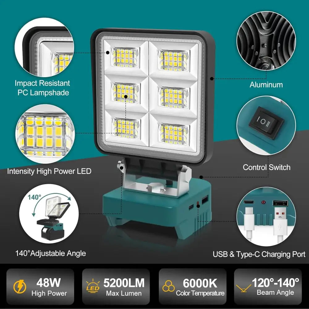 Portable LED Work Light Cordless Emergency Camping Job Site Spotlight 6000K Rechargeable Floodlight Compatible