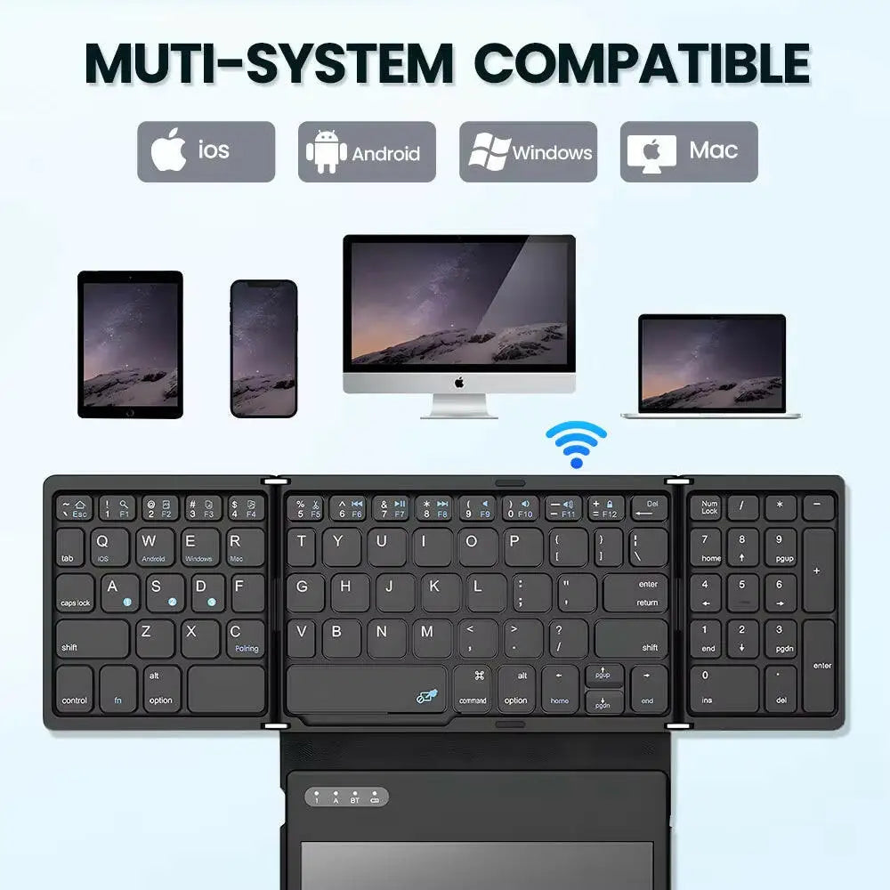 Portable Quadruple Folding Wireless Bluetooth Keyboard with Integrated Touchpad for Tablets and Smartphones across
