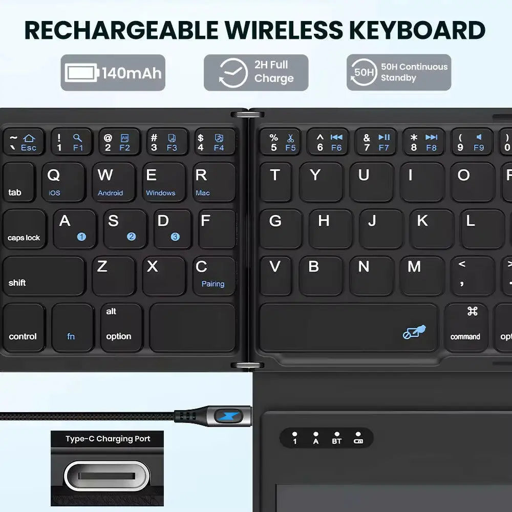 Portable Quadruple Folding Wireless Bluetooth Keyboard with Integrated Touchpad for Tablets and Smartphones across