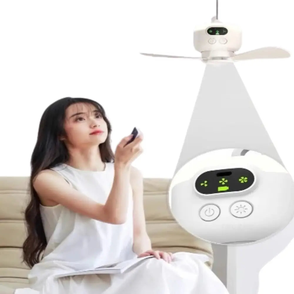 Portable Rechargeable Camping Ceiling Fan with Light & Remote - White - SS