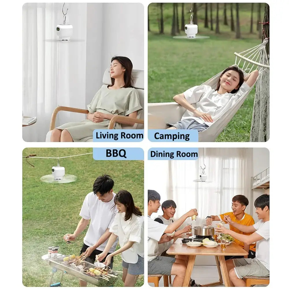 Portable Rechargeable Camping Ceiling Fan with Light & Remote - White - SS