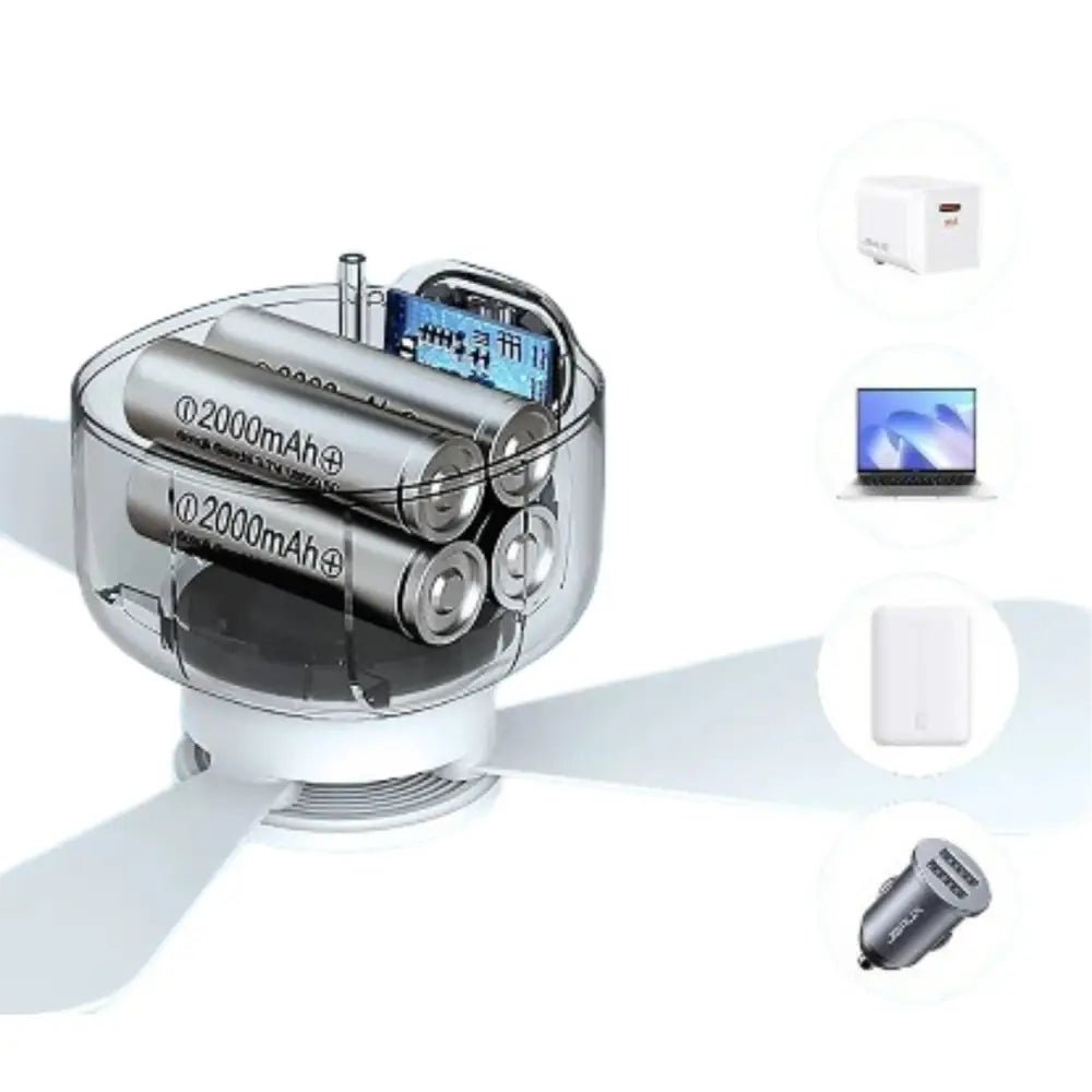 Portable Rechargeable Camping Ceiling Fan with Light & Remote - White - SS