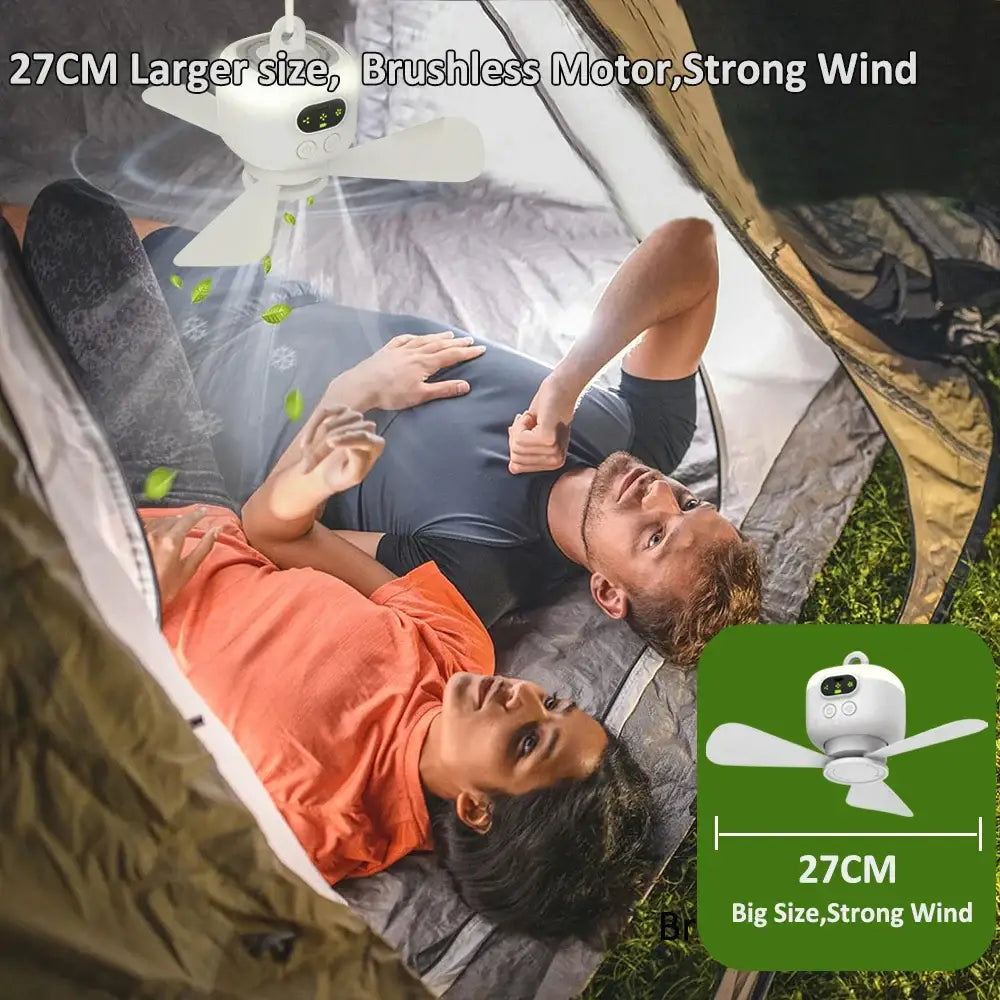 Portable Rechargeable Camping Ceiling Fan with Light & Remote - White - SS