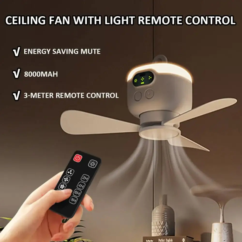 Portable Rechargeable Camping Ceiling Fan with Light & Remote - White - SS