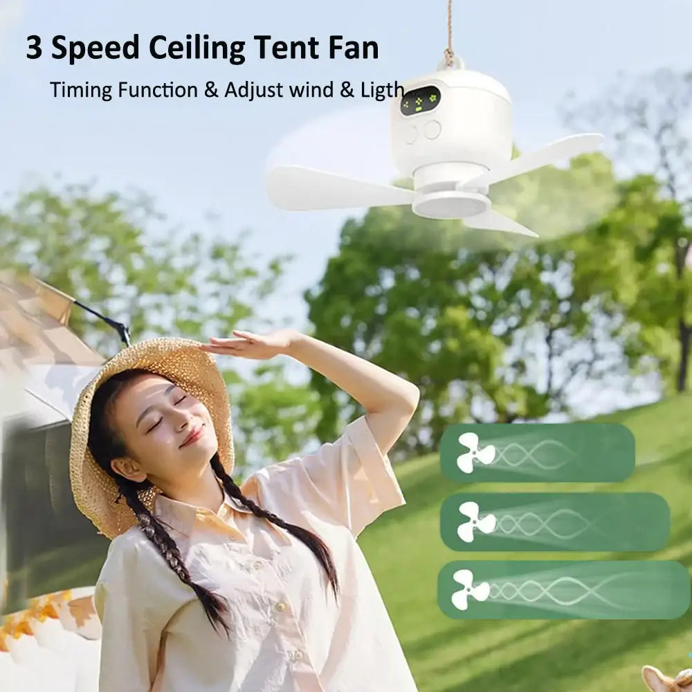 Portable Rechargeable Camping Ceiling Fan with Light & Remote - White - SS