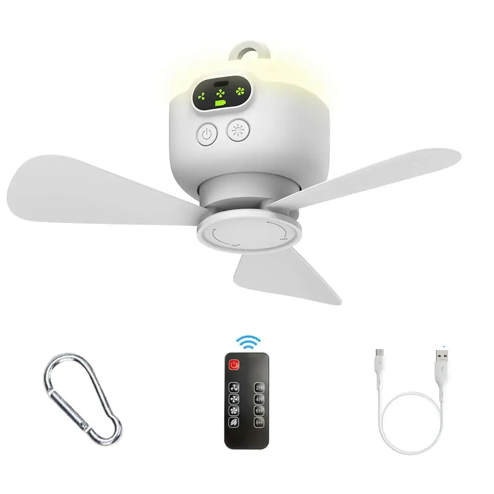 Portable Rechargeable Camping Ceiling Fan with Light & Remote - White - SS