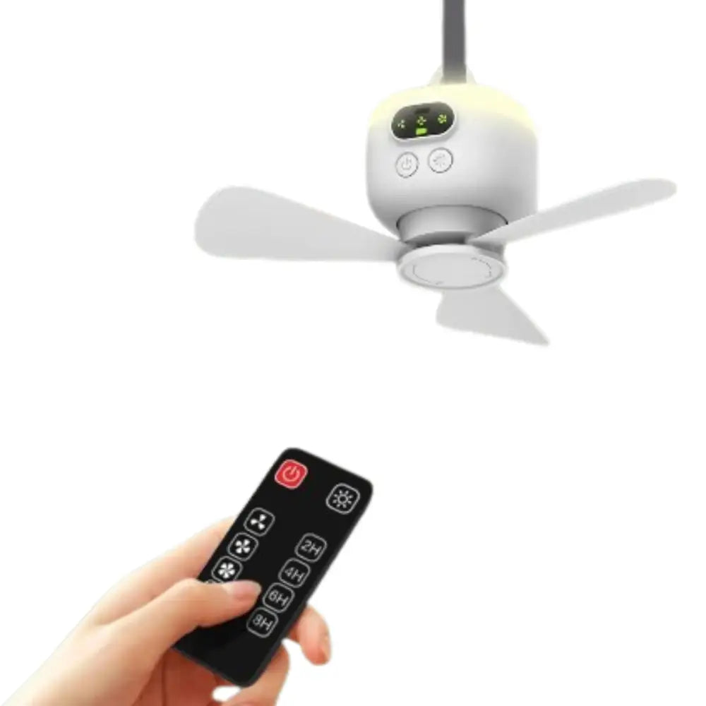Portable Rechargeable Camping Ceiling Fan with Light & Remote - White - SS