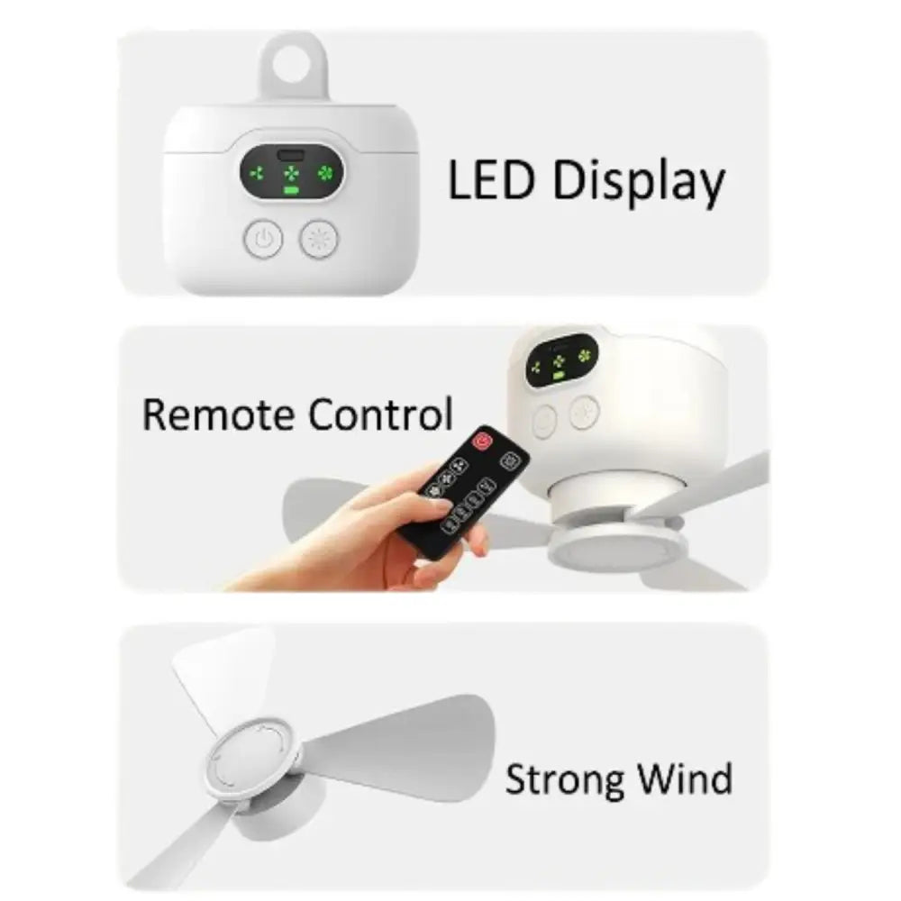 Portable Rechargeable Camping Ceiling Fan with Light & Remote - White - SS