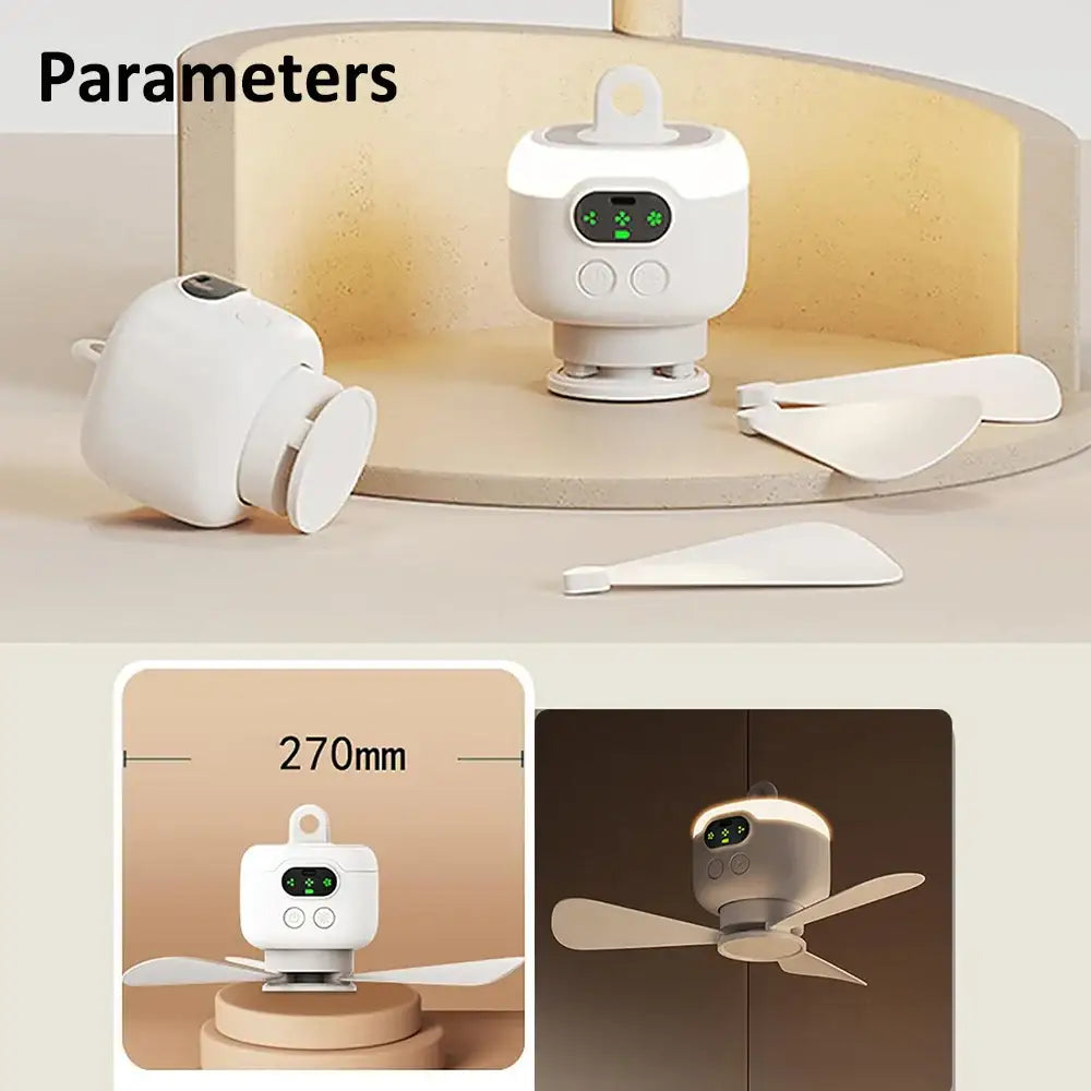 Portable Rechargeable Camping Ceiling Fan with Light & Remote - White - SS