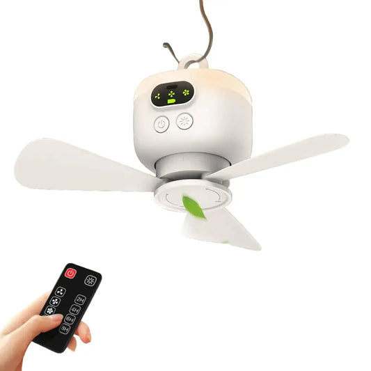 Portable Rechargeable Camping Ceiling Fan with Light & Remote - White - SS